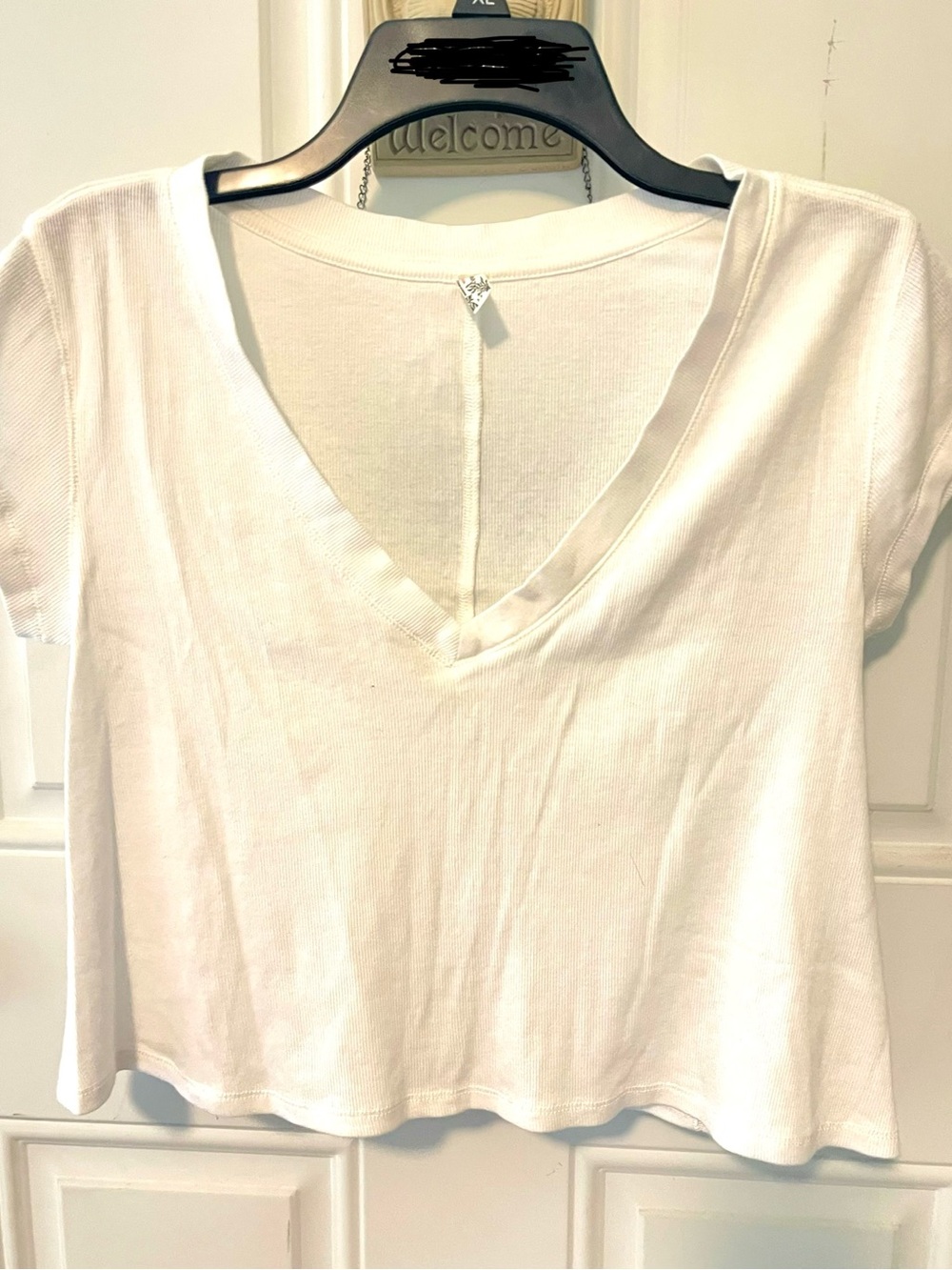 Free People Intimately White V-Neck Cropped Lightweight Ribbed Tee